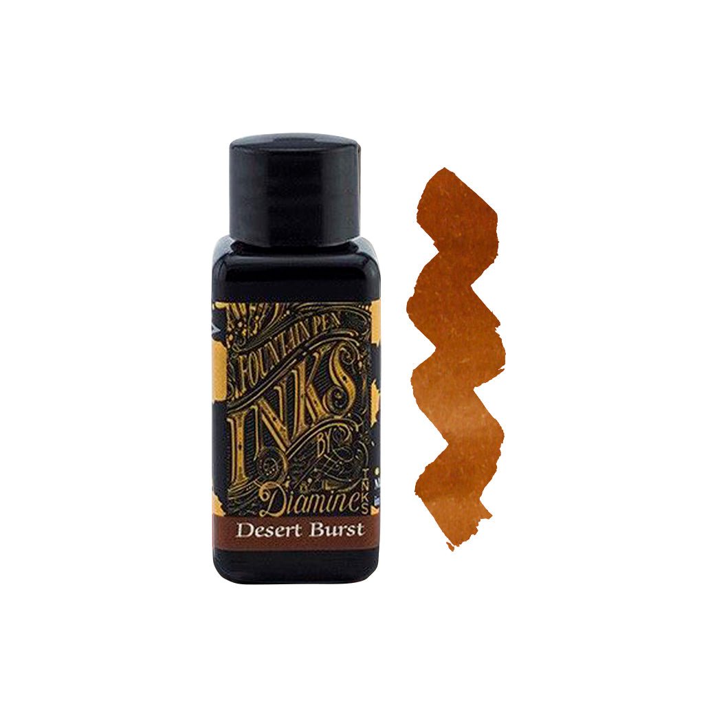 Muestra de tinta Diamine Desert Burst en tonos marrón ocre, caramelo y dorado, con variaciones tonales sobre papel blanco.