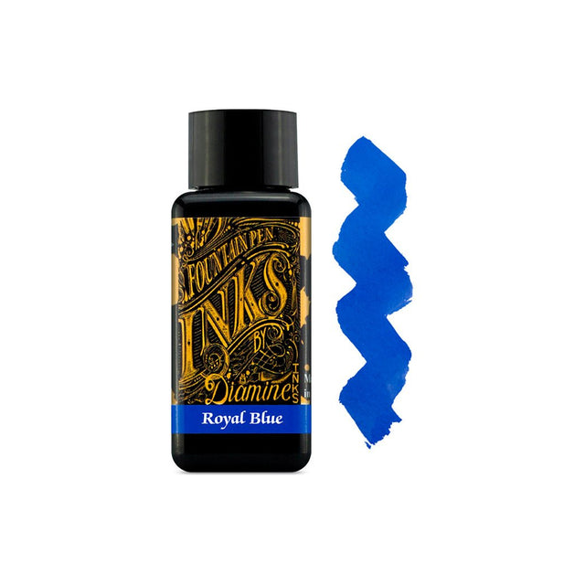 Muestra de tinta Diamine Royal Blue en azul rey brillante, con ligeras variaciones tonales sobre papel blanco.