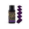 Muestra de tinta Diamine Monboddo's Hat en morado intenso con matices rojizos y reflejos dorados sobre papel blanco.
