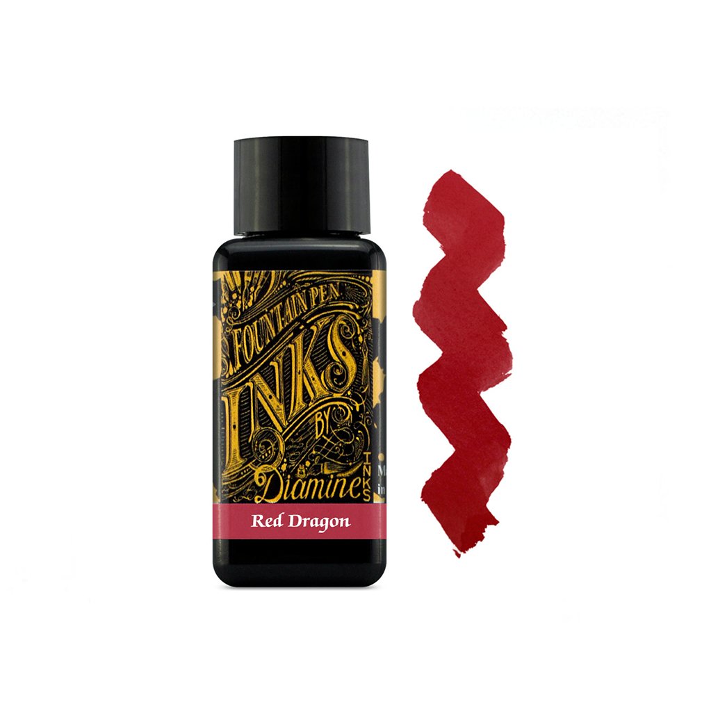 Muestra de tinta Diamine Red Dragon de color rojo carmesí profundo, con variaciones tonales sobre papel blanco.