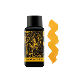 Muestra de tinta Diamine Sunshine Yellow de color amarillo dorado brillante con matices anaranjados sobre papel blanco.