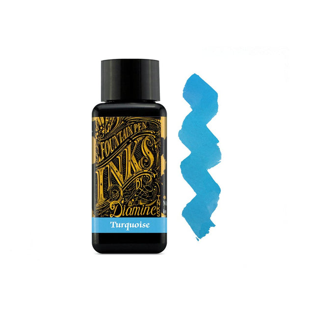 Muestra de tinta Diamine Turquoise de color azul turquesa brillante, con ligeras variaciones tonales sobre papel blanco.