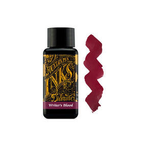 Muestra de tinta Diamine Writer's Blood en rojo borgoña oscuro con matices violáceos y reflejos verde bronce sobre papel blanco.